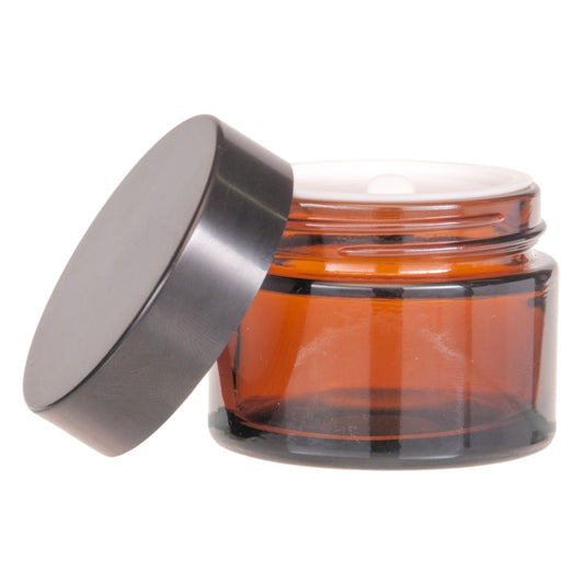 50g Amber Glass Jar with Black Lid and Inner Lid Shive Complete