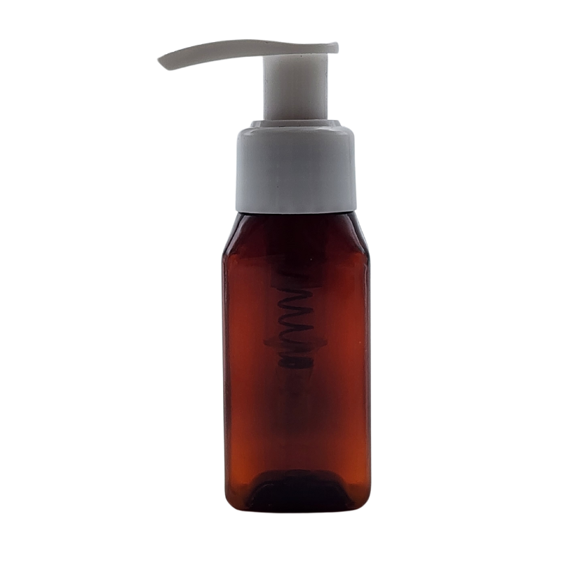 50ml Rectangular Amber PET Bottle with White Pump Dispenser (24/410)