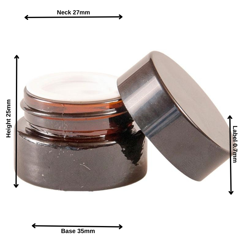 5g Amber Glass Jar with Black Lid and Inner Lid Shive Complete