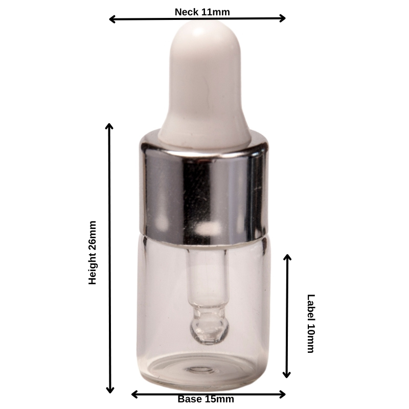 2ml Clear Glass Bottle Complete with White & Silver Pipette