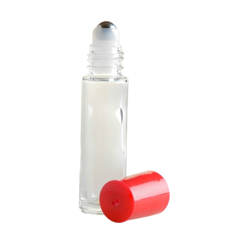 10ml Clear Glass Roll On Bottle with Red Cap & Metal Ball