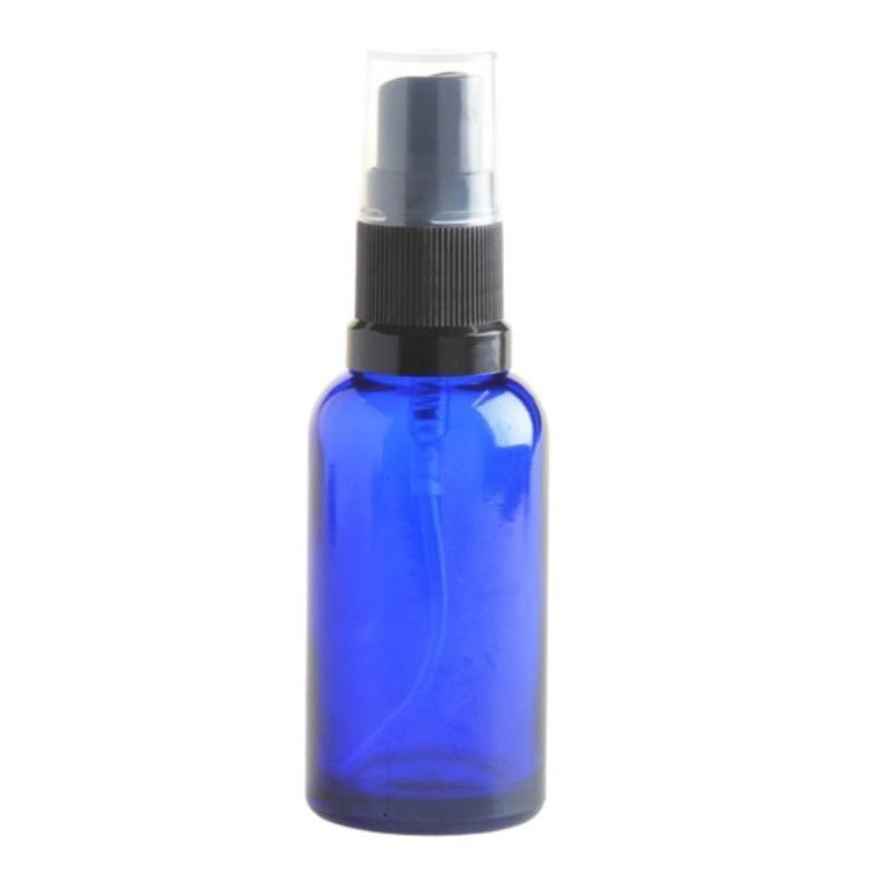 20ml Blue Glass Aromatherapy Bottle with Spritzer - Black (18/410) - Essentially Natural